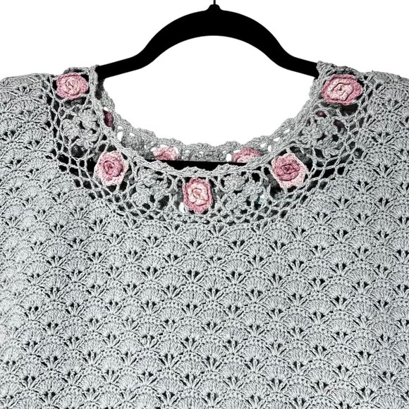 Vintage Handmade Crochet Green Tunic Sweater Pink Roses Colleens Collectables - Picture 2 of 13